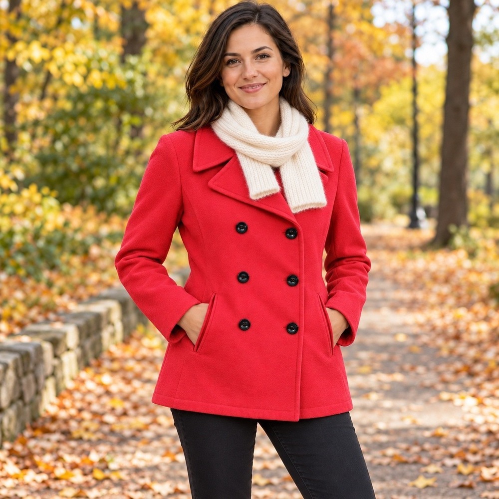 New York & Co Size Large Red Wool Blend Double Breasted Pea Coat Jacket